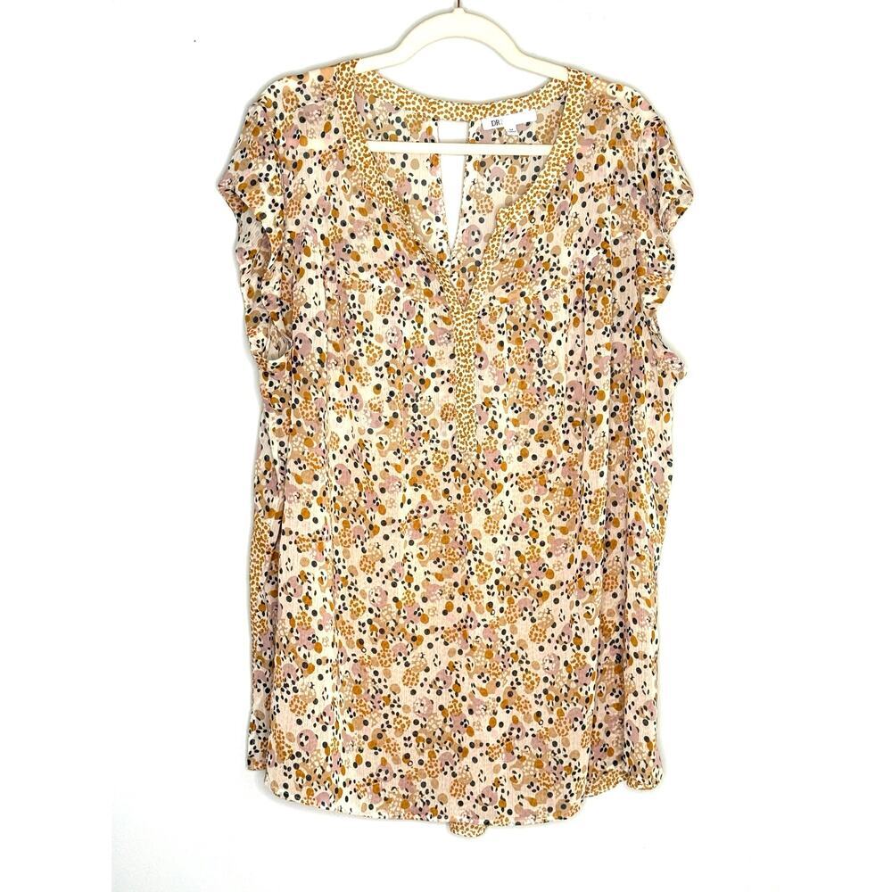 DR2 Brown Pink Floral Sleeveless Top Notch V-neck Collar Pull On Size 3X